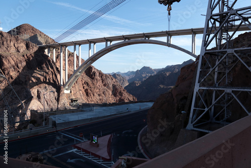Road junction at Hoover Dam and reinforced concrete structures close-up