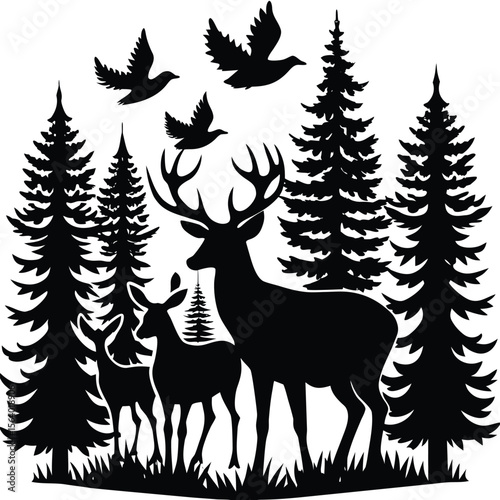 Majestic stag with fawn and birds silhouetted against a forest of pine trees isolated on transparent background.
