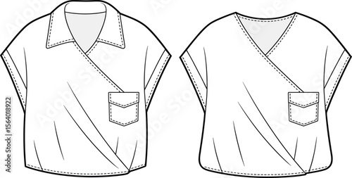 Women’s short-sleeve wrap tops with contrast stitching and chest pocket – casual relaxed-fit blouse with v-neck design