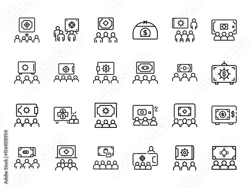 Set of Vault and Currency Presentation Line Icons – Black Silhouettes on White Background for Finance Training, Banking, and Investment UI Design


