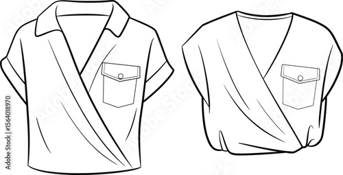 Stylish draped short-sleeve women’s tops with chest pocket – casual wrap-style blouse with collar and relaxed fit design