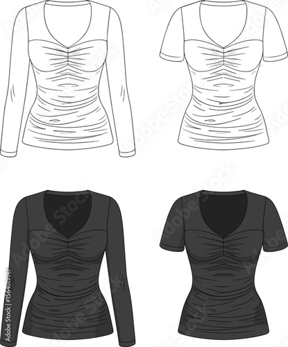 Women’s ruched V-neck tops – stylish long sleeve and short sleeve fitted shirts for casual or layered outfits