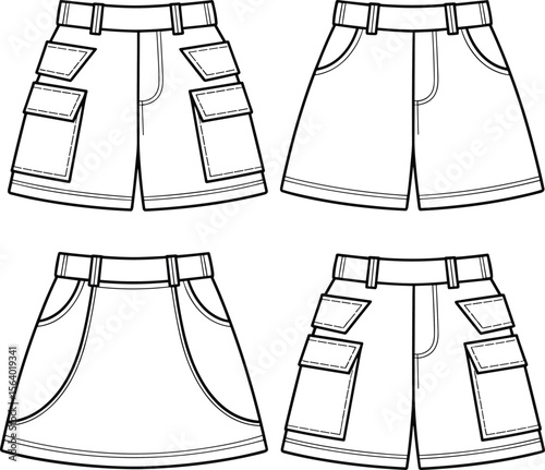 Utility shorts and mini skirts technical flats – trendy summer wear with multiple pockets and casual fashion design elements