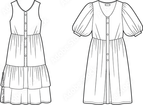 Tiered and puff sleeve button-down dresses – women’s casual summer dress flats for modern feminine and versatile fashion style