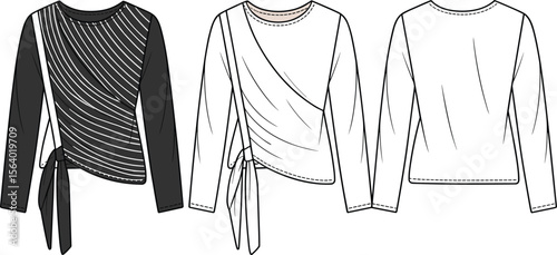 Asymmetric draped blouse with side tie – women’s fashion top with gathered front overlay and long sleeves flat sketch