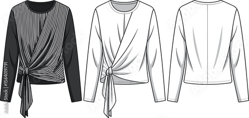 Knotted draped front blouse – women’s long sleeve top with side tie and asymmetric overlay fashion flat sketch