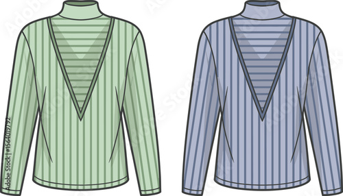 Striped turtleneck tops with deep V insert – fashion flat sketch for women's long sleeve layered casual top design