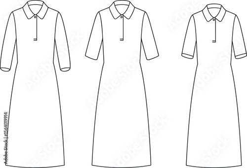 Shirt collar midi dress flat sketch – half sleeve women's technical drawing, polo-style fashion illustration for CAD designs