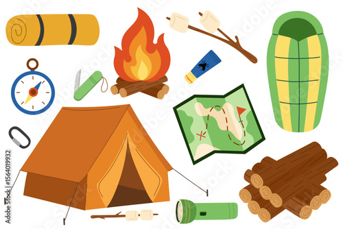 Camping gear clipart set with tent, campfire, backpacking tools and hiking essentials — colorful flat illustration of outdoor adventure and survival equipment. Includes camping tent, sleeping bag.