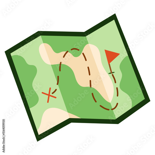 Hiking and camping treasure map vector icon with trail, red X, and location flag — flat illustration of folded outdoor map used for navigation, featuring a winding dotted trail, green terrain.