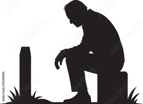 Grieving person sitting beside a tombstone black and white silhouette vector art