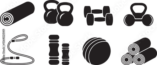  Silhouette of Fitness and Weightlifting Gear Vector Illustration
