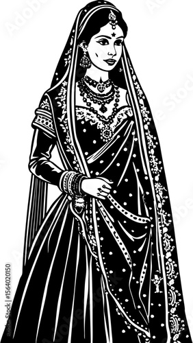Bride in traditional indian wedding attire with jewelry and veil  