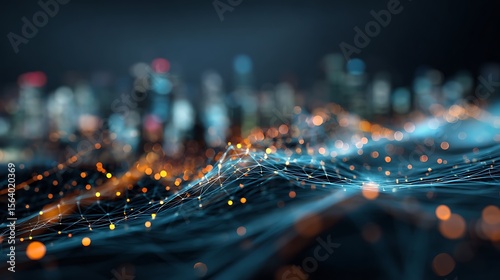 Abstract network with glowing nodes and blurred city background in the dark night scene view