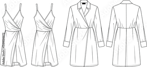 Wrap dress and belted coat flat sketch – women’s technical fashion drawing for CAD apparel design and garment illustration