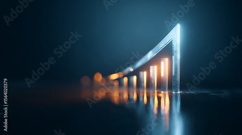 Glowing bar graph showing upward trend on a reflective surface in a dark blue environment