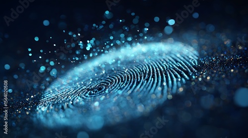 Digital fingerprint with glowing particles on a dark background representing security measures and technology