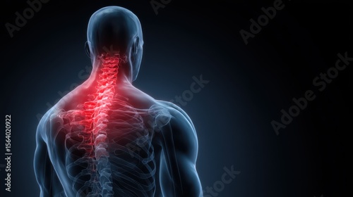 A detailed display of a human skeleton model from the back focusing on the neck area with a highlighted spine. The illustration emphasizes potential health concerns related to spinal nerves