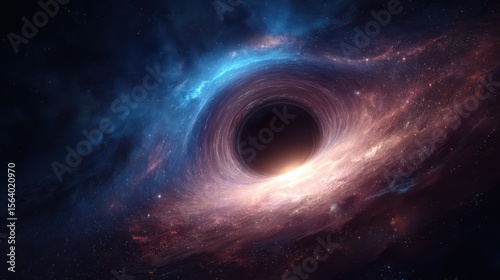 An awe-inspiring view showcases a supermassive black hole at the center with swirling nebulae in vibrant hues of blue and pink. Stars twinkle in the vastness of space, creating a mesmerizing sight