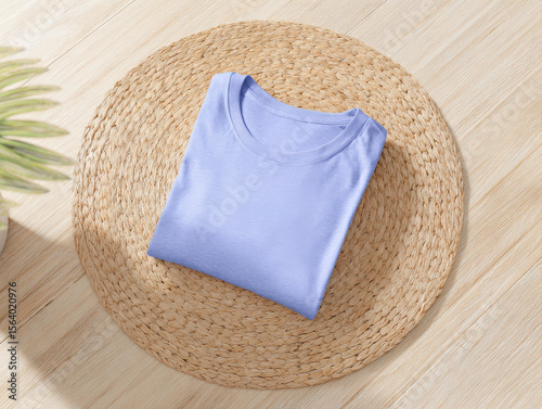 Neatly folded light blue t-shirt placed on a round straw mat in a sunlit minimalist interior, ideal for fashion or retail concepts.
