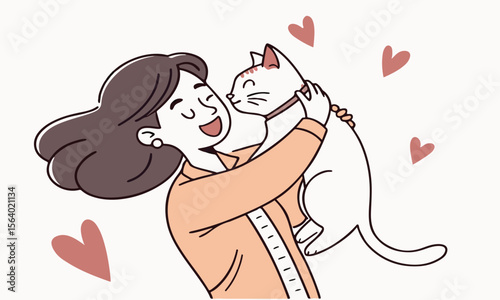 Woman and cat illustration with a romantic heart design, a beautiful lady showing love for her cat.