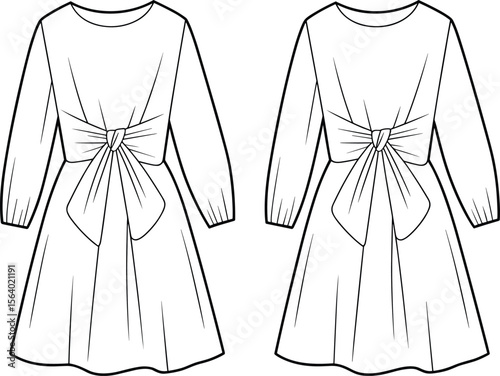 Girls’ dress fashion flat sketch – front bow knot dress with long sleeves and flared skirt, technical vector drawing