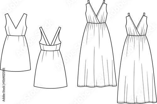 V-neck dress fashion flats – short and maxi dress technical sketches with gathered waist and sleeveless design for womenswear CAD