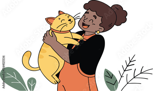 Embrace of feline joy: A smiling person warmly embraces a cheerful cat. Captured joy and warmth