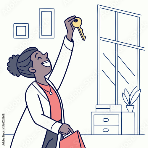 Happy woman holding keys after moving into new home  
