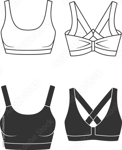 Criss-cross back sports bra fashion flat – technical illustration of activewear bra top vector CAD for workout and fitness wear