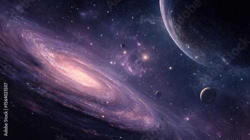 Expansive galaxy displays swirling pink and purple hues, surrounded by various planets and stars against the deep blackness of space, creating a mesmerizing cosmic vista