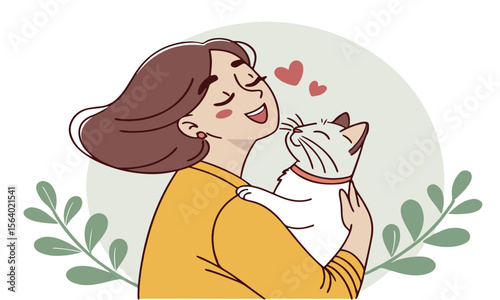 Woman and Cat: A women hugs a cat.