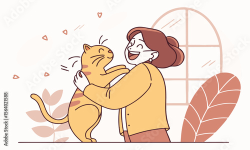Warm Embrace: A heartwarming illustration captures the tender moment between a woman and her beloved cat, exuding happiness and the bond of friendship.