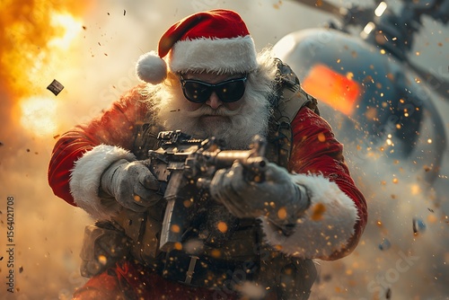 Santa Claus turns into tactical Santa holding armed Santa rifle during military Christmas mission as soldier Santa peers through sniper scope