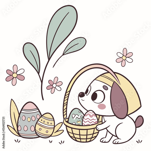 Whimsical Cartoon pup feeling Shy in a Easter setting with with a giant leaf – colored in Spring Bloom