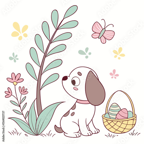 Whimsical Cartoon pup feeling Shy in a Easter setting with with a giant leaf – colored in Spring Bloom
