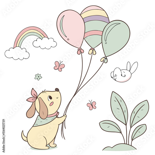 Delightful Excited Cartoon pup in a Soft pastel scene with with a giant leaf – Soft Pastel vector illustration