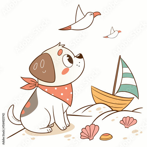 Whimsical Cartoon pup feeling Funny in a Beach day setting with with a scarf – colored in Ocean Breeze