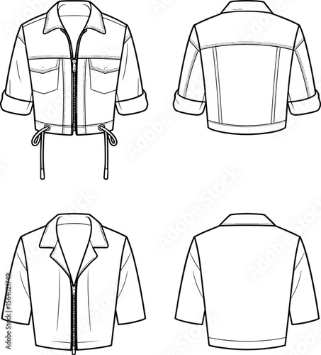 Cropped jacket flat sketch – technical drawing of zipper front jacket with pockets, collar and drawstring for fashion design