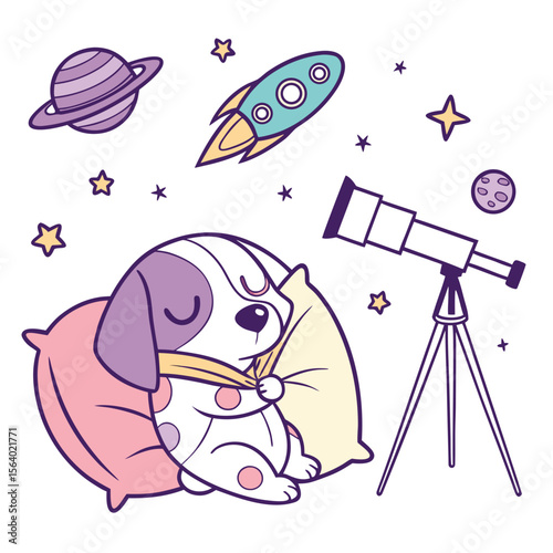 An adorable Cartoon pup with a Peaceful vibe, hugging a pillow, and a Starlight Mix Galaxy Dreams theme – SVG style