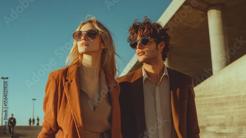 Stylish couple outdoors, posing in sunglasses against a bright blue sky and concrete architecture. Elegant and fashionable.