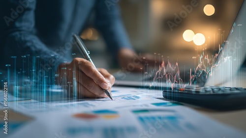 Person analyzing financial data with pen, charts, calculator, and digital overlay on a desk surface