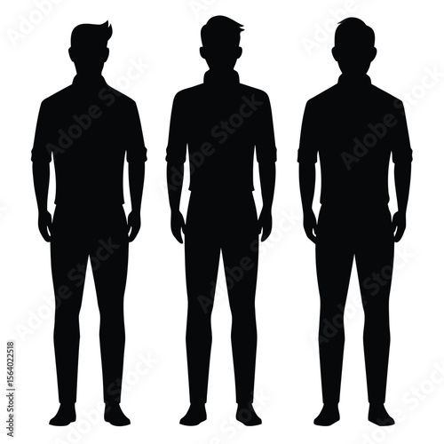 Three Male Silhouettes Casual, Standing Poses - Vector Illustration