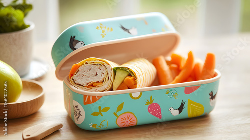 A colorful lunchbox filled with healthy food, including chicken wraps and carrot sticks, alongside a green apple