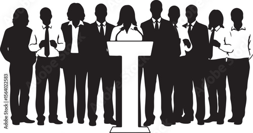 Leadership Speech, Business Conference, Team Presentation, Political Debate, Corporate Announcement – Silhouette Speaker with Group Vector