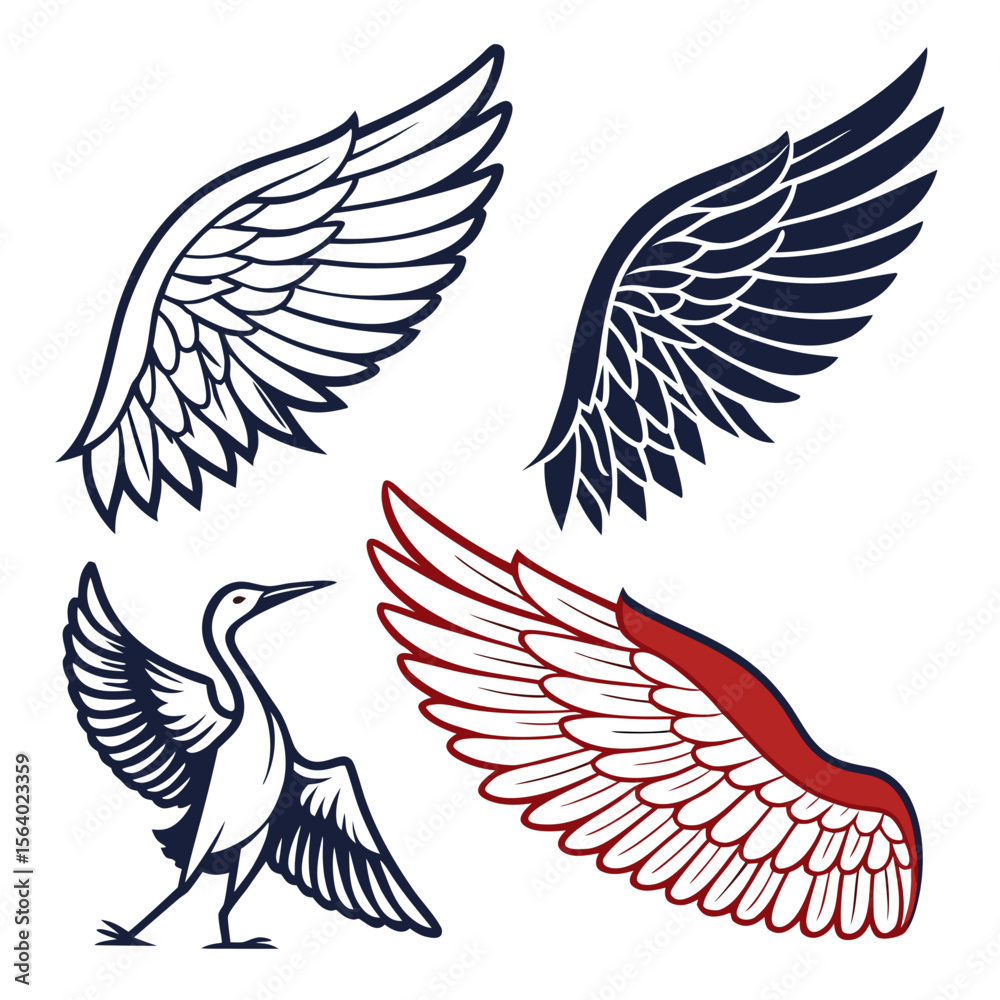 Fototapeta premium Set of wings icons. Wings icons. Bird wings, angel wings elements. Wing collection in different shape. Wings badges. Vector illustration