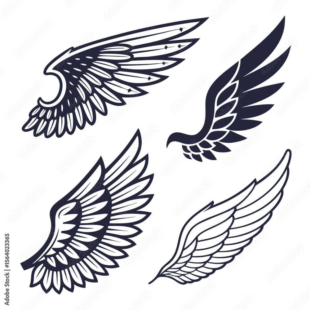 Obraz premium Set of wings icons. Wings icons. Bird wings, angel wings elements. Wing collection in different shape. Wings badges. Vector illustration 