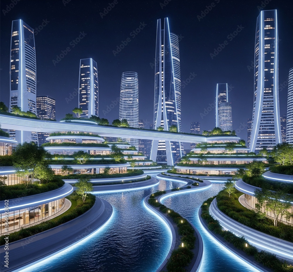 Fototapeta premium Futuristic Night Cityscape with Glowing River and Vertical Lights