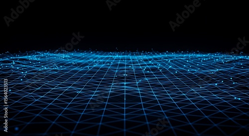 Abstract digital landscape of glowing blue nodes and lines forming a grid pattern across a dark background.