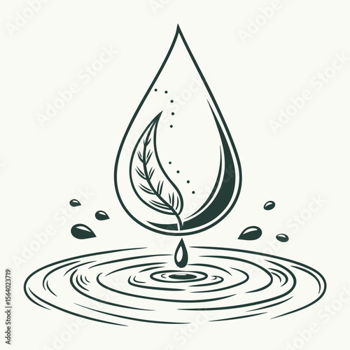 Water drop with leaf illustration, vector design, eco-friendly concept, hydration and nature